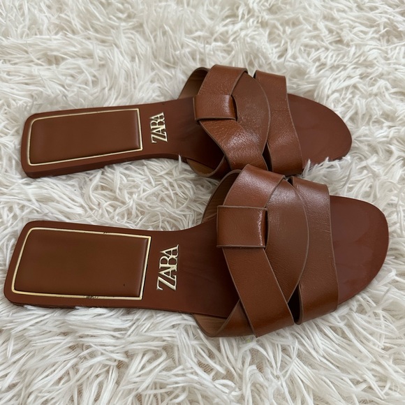 Zara Brown Braided Leather Slide Sandals - Picture 4 of 5